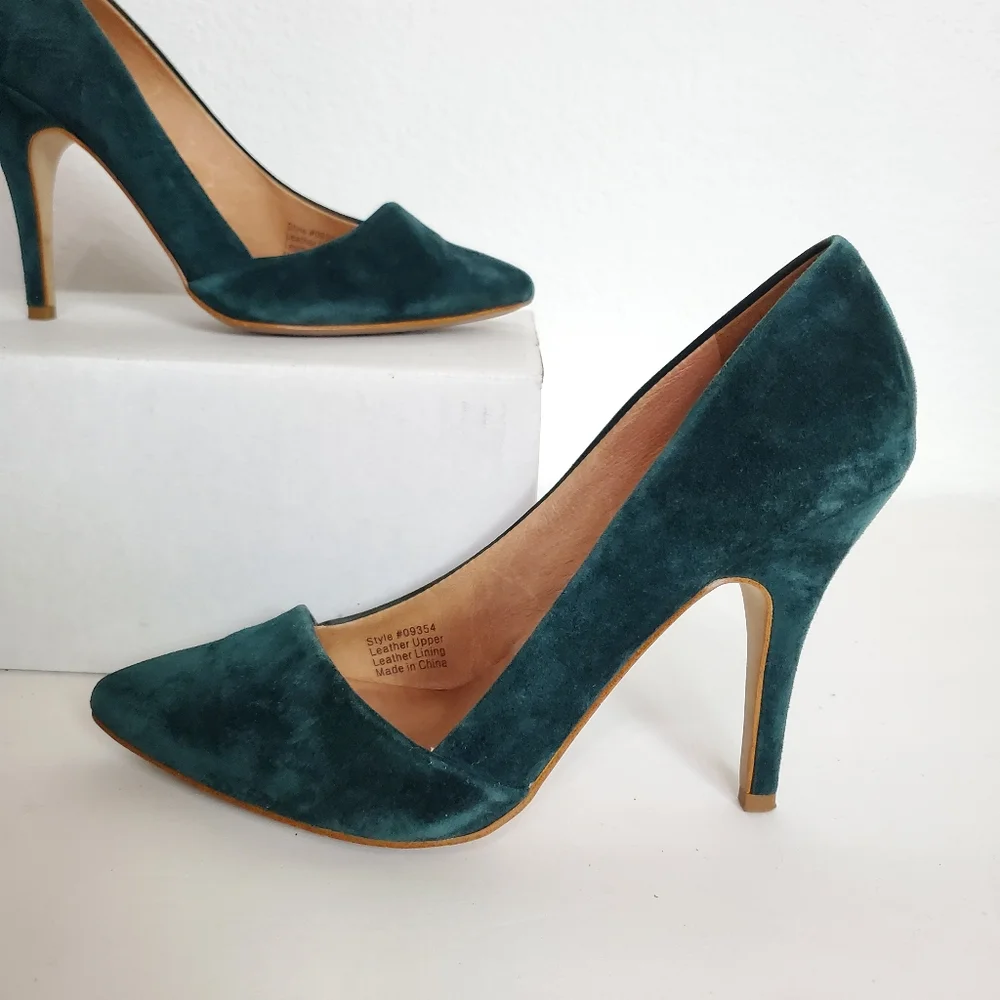 Madewell The Mira Suede Leather Pointed Toe Heel Pumps Shoes 6 1/2 Green Hunter - Picture 2 of 16